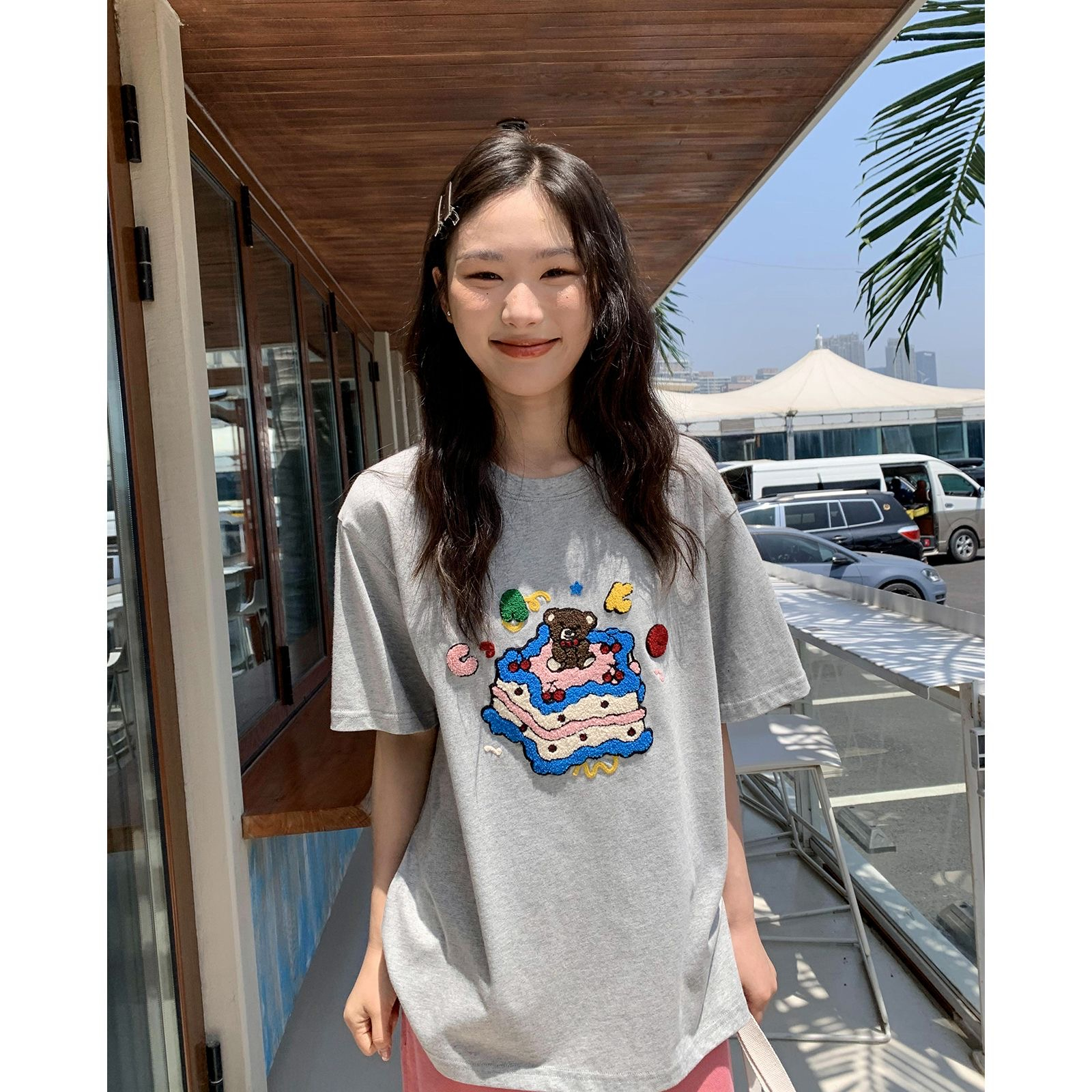 純棉包後領 韓版小眾蛋糕毛巾繡寬鬆百搭短袖上衣