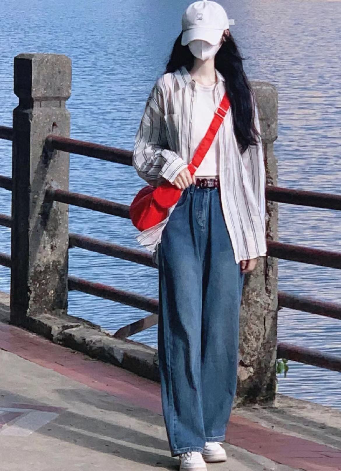 原創韓系設計感小眾2024早秋條紋顯瘦防曬襯衣溫柔系穿搭三件套