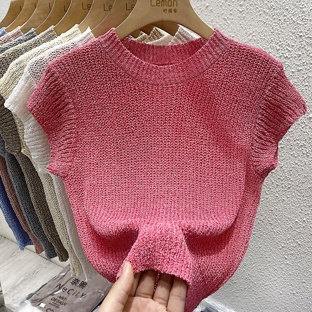 Retro thin knitted short-sleeved T-shirt for women summer new slim fit hollow short top white western style bottoming shirt