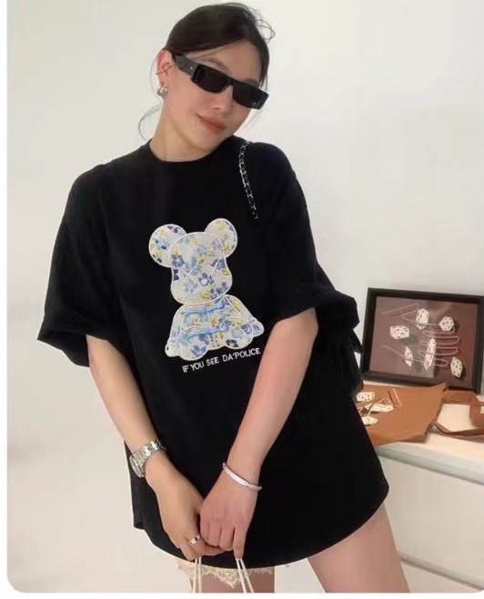 2024春季新中式國風重工刺繡小熊盤扣寬鬆顯瘦休閒短袖T恤女