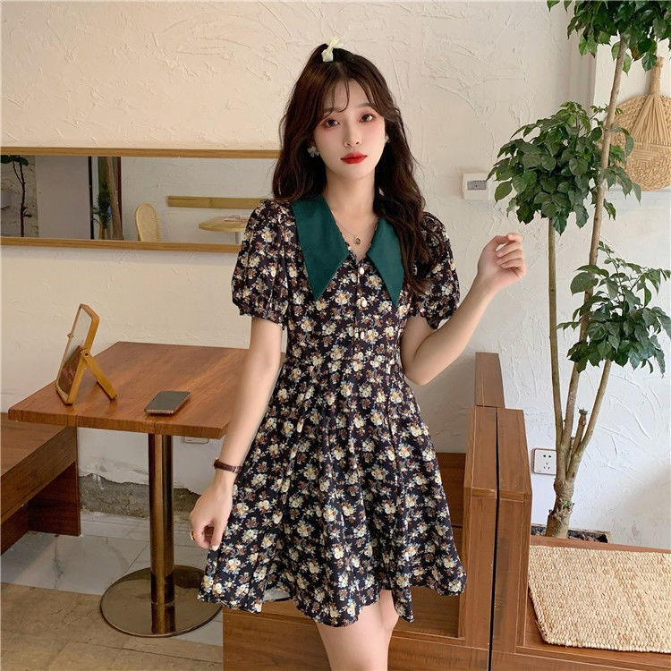 泡泡袖連衣裙女夏翻領復古法式小個子碎花裙收腰顯瘦裙子