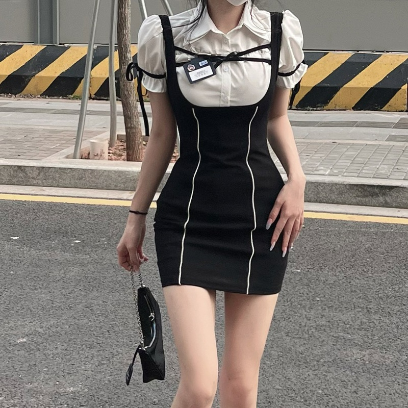 配胸牌：甜辣黑色假兩件連衣裙女款2024新款氣質性感緊身包臀裙子