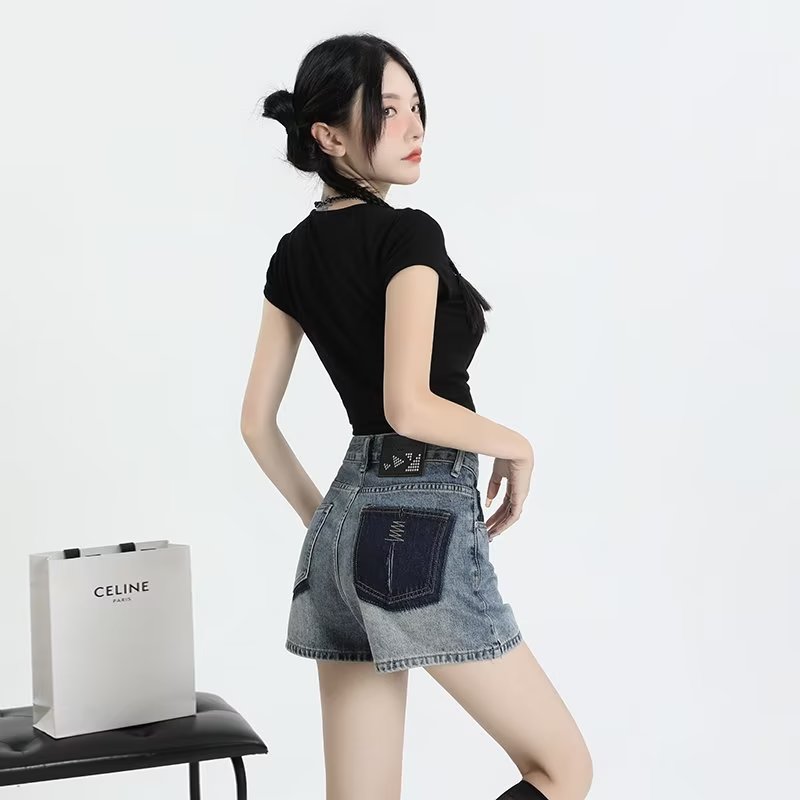 復古高腰牛仔短褲女夏季薄款2024新款撞色寬鬆小個子a字超短熱褲