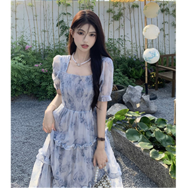 有內襯雪紡不扎人好質量方領碎花連衣裙女夏季新款超仙長裙子