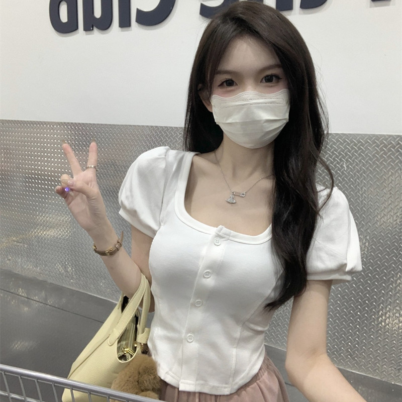 已出貨 甜辣短袖T恤女短款開衫泡泡袖上衣純色方領夏季簡約