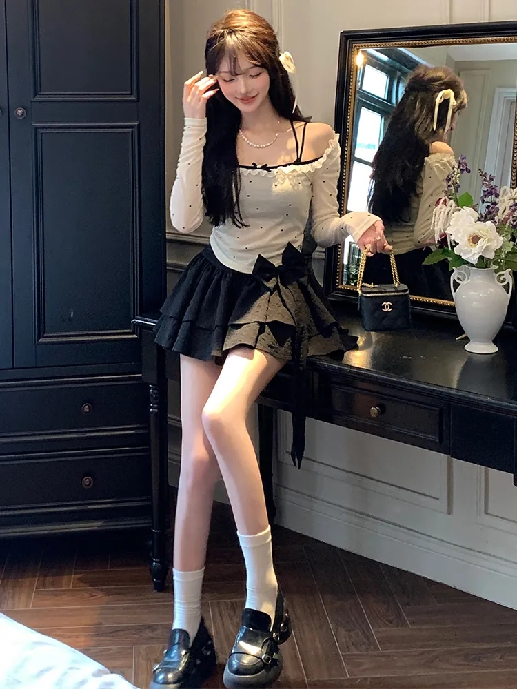 約會周末 純欲少女芭蕾風吊帶設計感長袖T恤短裙兩件套裝2024新款
