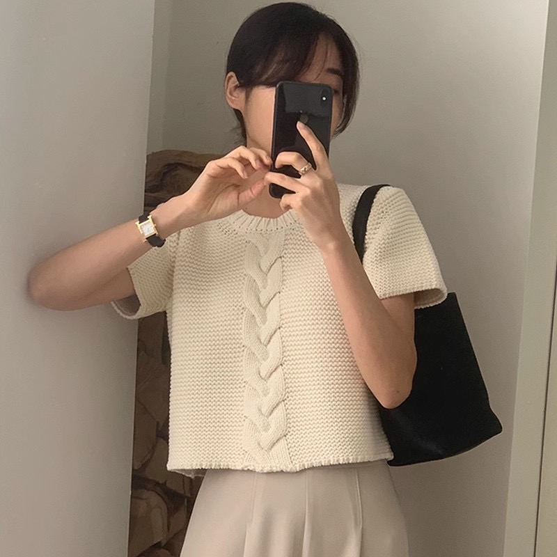 韓國chic夏季法式小眾圓領粗針設計麻花紋寬鬆百搭短袖針織衫女