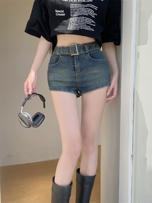 實拍 辣妹高腰藍色復古小個子休閒外穿百搭牛仔短褲子女
