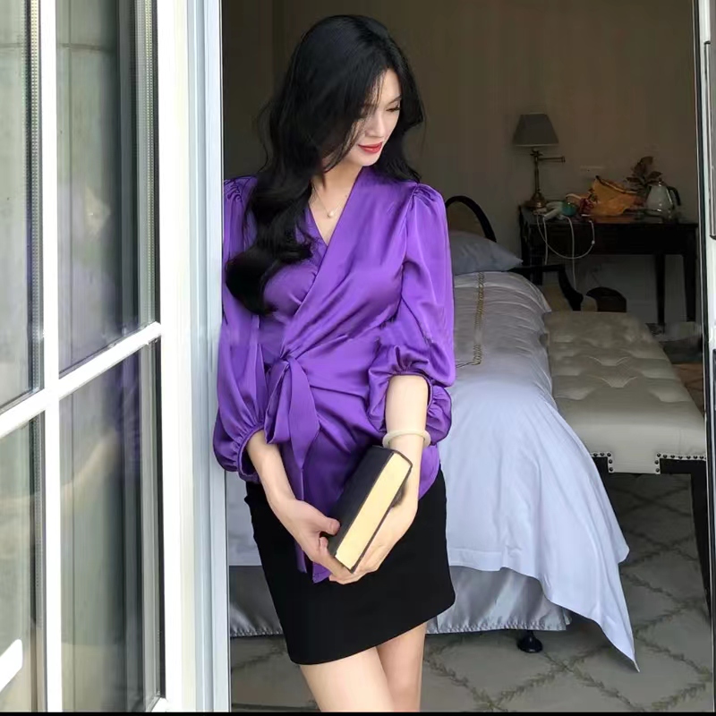 不規則系帶長袖襯衫女春季新款設計感收腰小眾襯衣