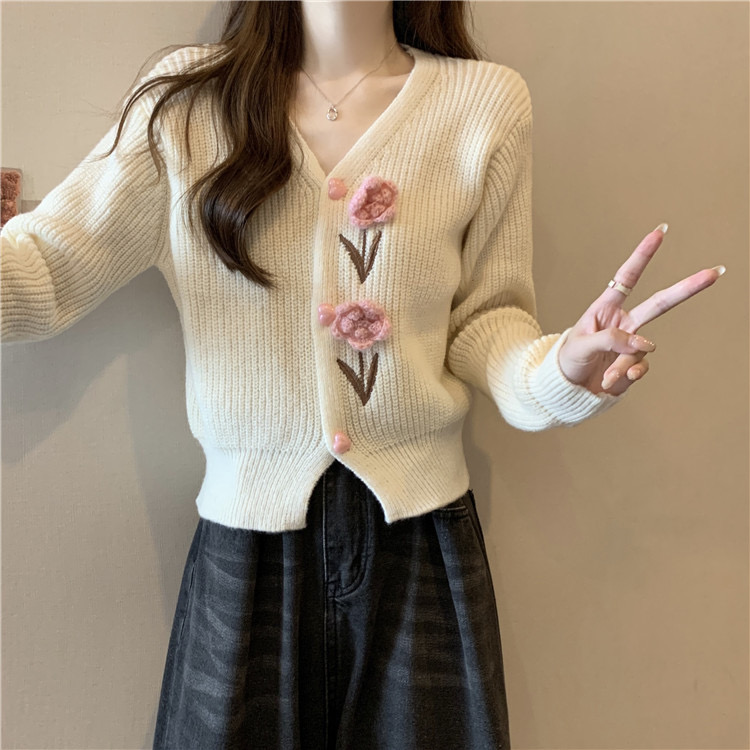 2024春秋新款花朵毛衣開衫少淑女遮肚藏肉針織外套短款上衣ins潮A