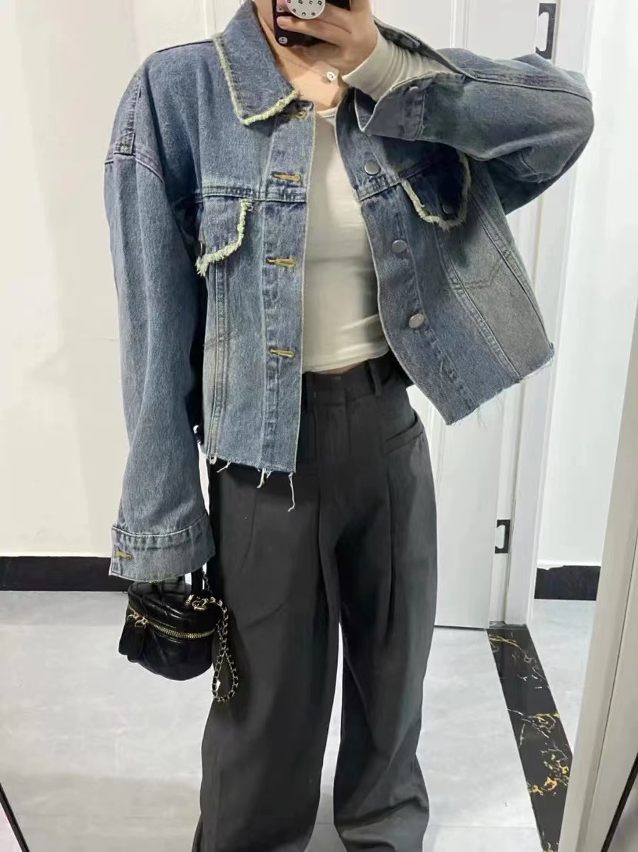 小香風氣質炸街牛仔外套女春秋款高級感寬鬆百搭重工毛邊短款上衣