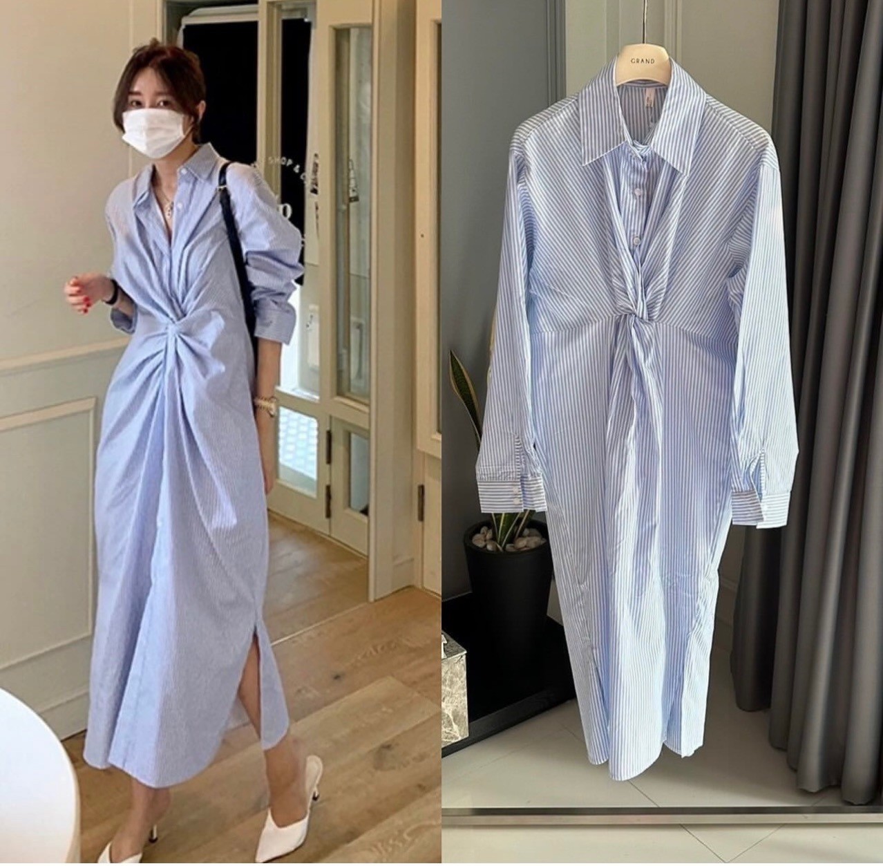 Korean ins pleated cross-striped shirt dress on the chest