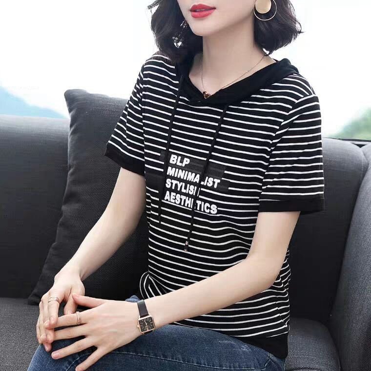 2024春裝上衣服短袖t恤女連帽套頭條紋小衫休閒寬鬆大碼體恤