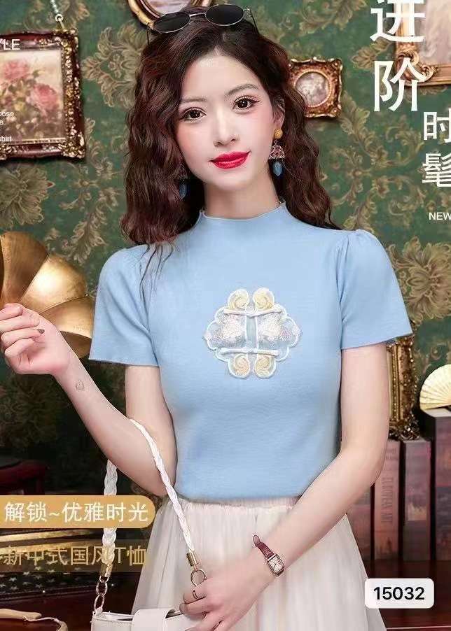 2024夏季新款中式國風半高領精美刺繡短袖上衣女
