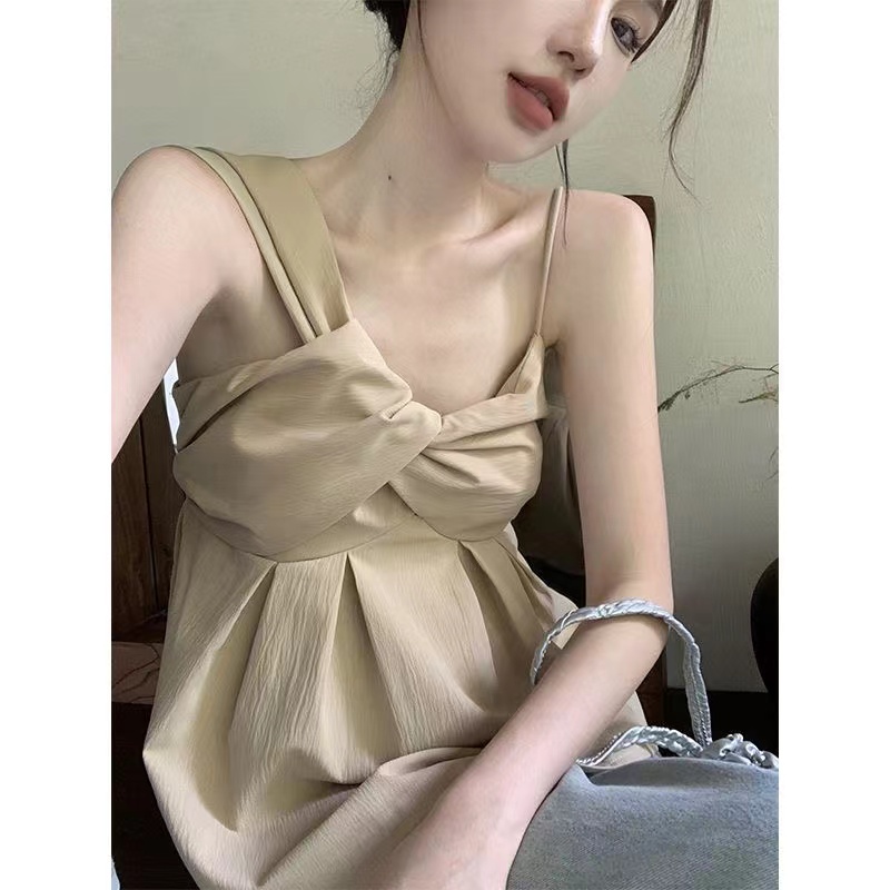 扭結設計感不規則吊帶背心女裝夏季新款辣妹褶皺短款上衣別致小衫