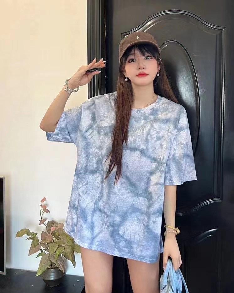 2024夏季韓國新款復古扎染韓版寬鬆大版純棉短袖T恤女