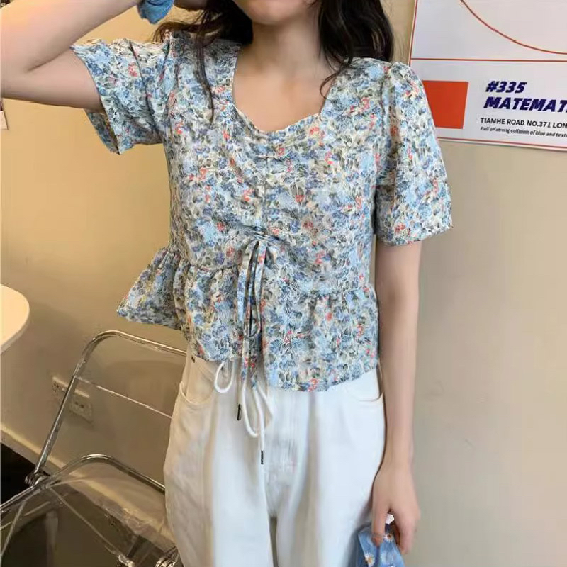 原版做工甜美小清新超仙設計感藍色小碎花寬鬆顯瘦短袖女夏上衣