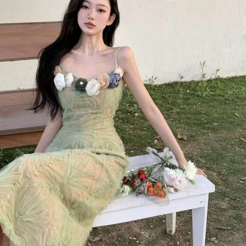 茶歇法式海邊度假吊帶連衣裙女夏季高級性感氣質泰式曼波風長裙子