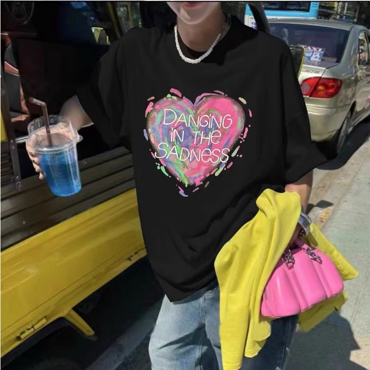 2024春季新款網紅愛心印花字母刺繡設計感寬鬆百搭短袖T恤女