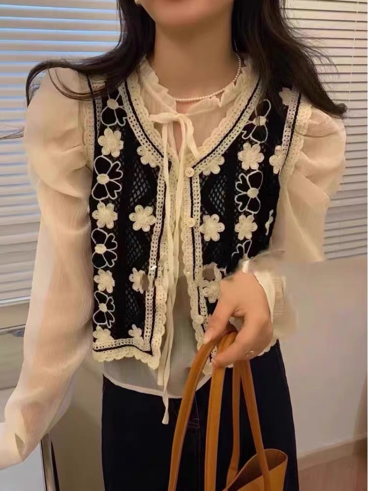 新款秋季馬夾韓版蕾絲鏤空花朵刺繡拼接針織襯衫秋新款V領上衣