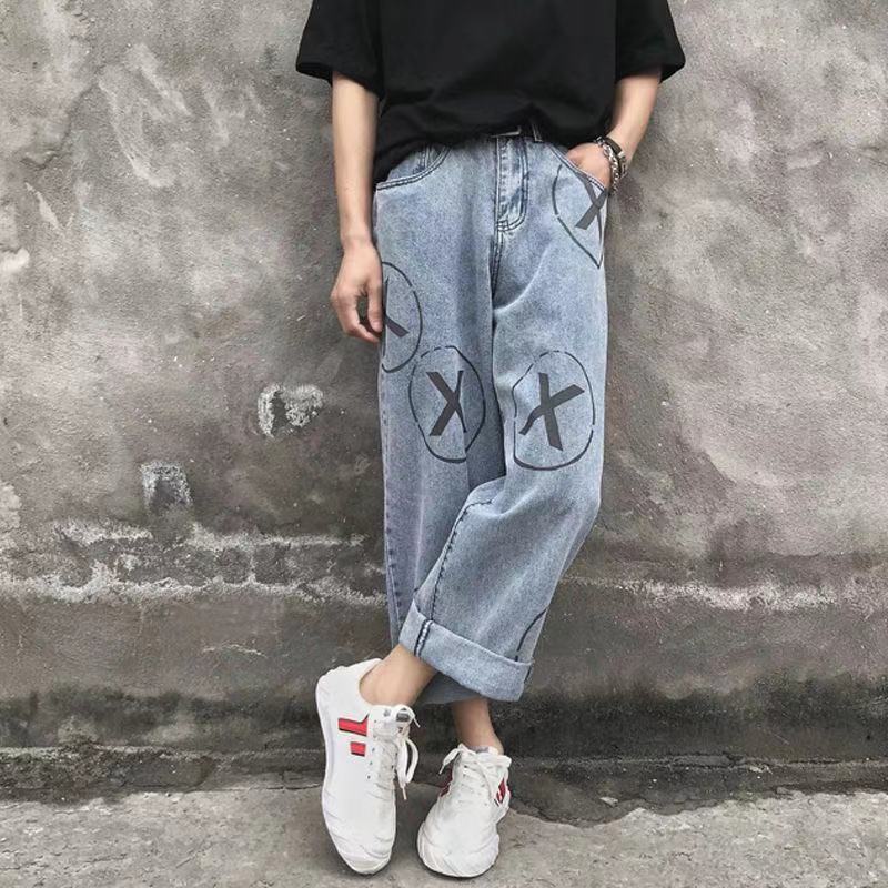 復古個性小眾塗鴉牛仔褲女夏季新款寬鬆直筒學生百搭闊腿長褲