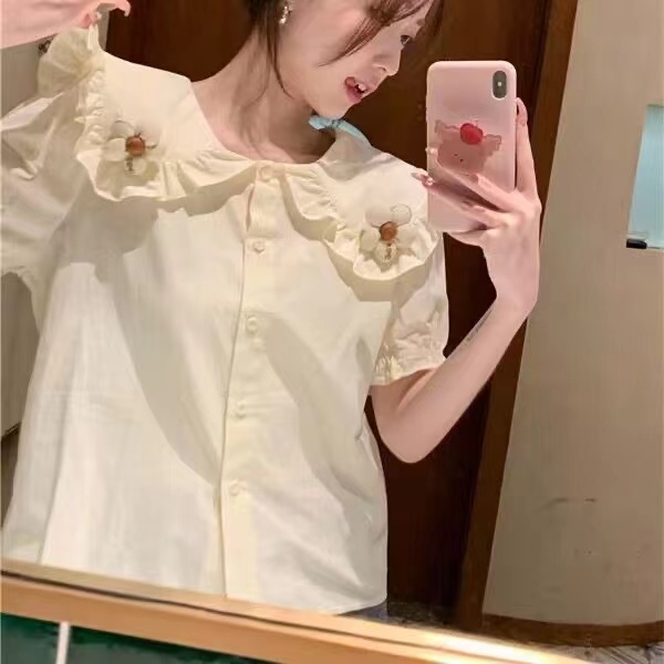 甜美花朵娃娃領短袖襯衫女夏年設計感小眾森系可愛上衣