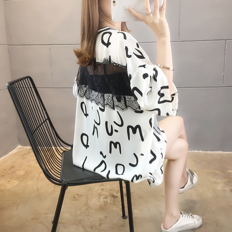 實拍100%滌夏季蕾絲拼接露背中長款圓領燙鑽熊短袖T恤女