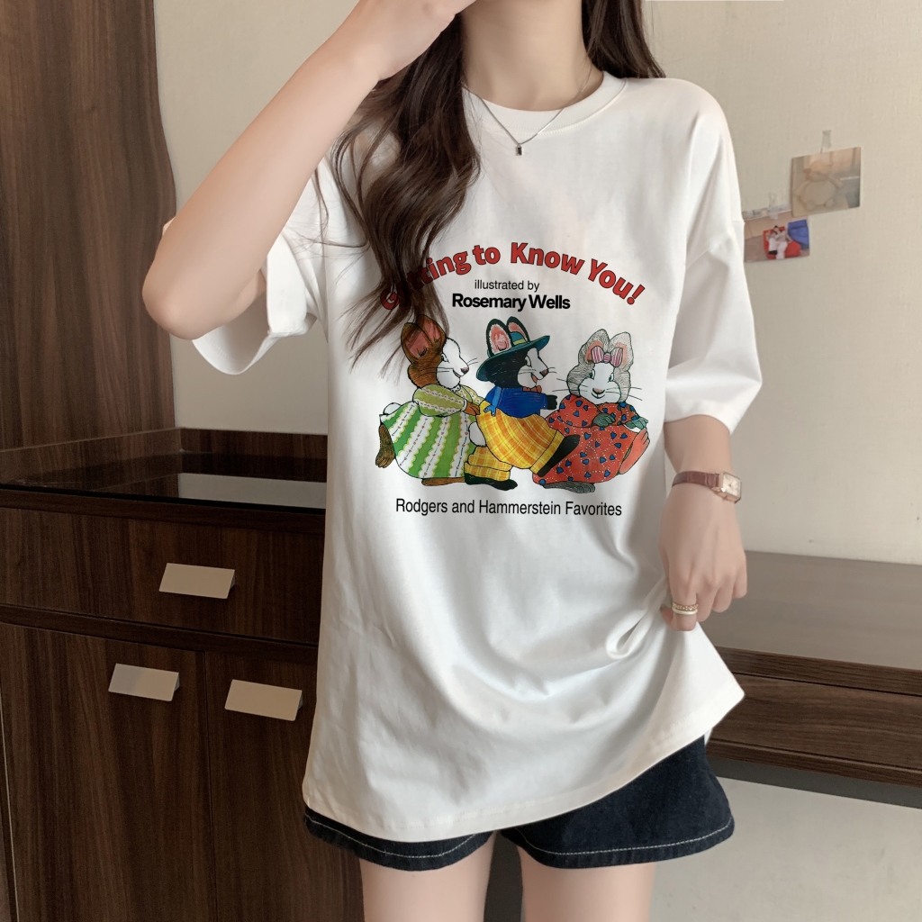 實拍 100%棉精梳純棉 印花夏裝短袖T恤女寬鬆韓版