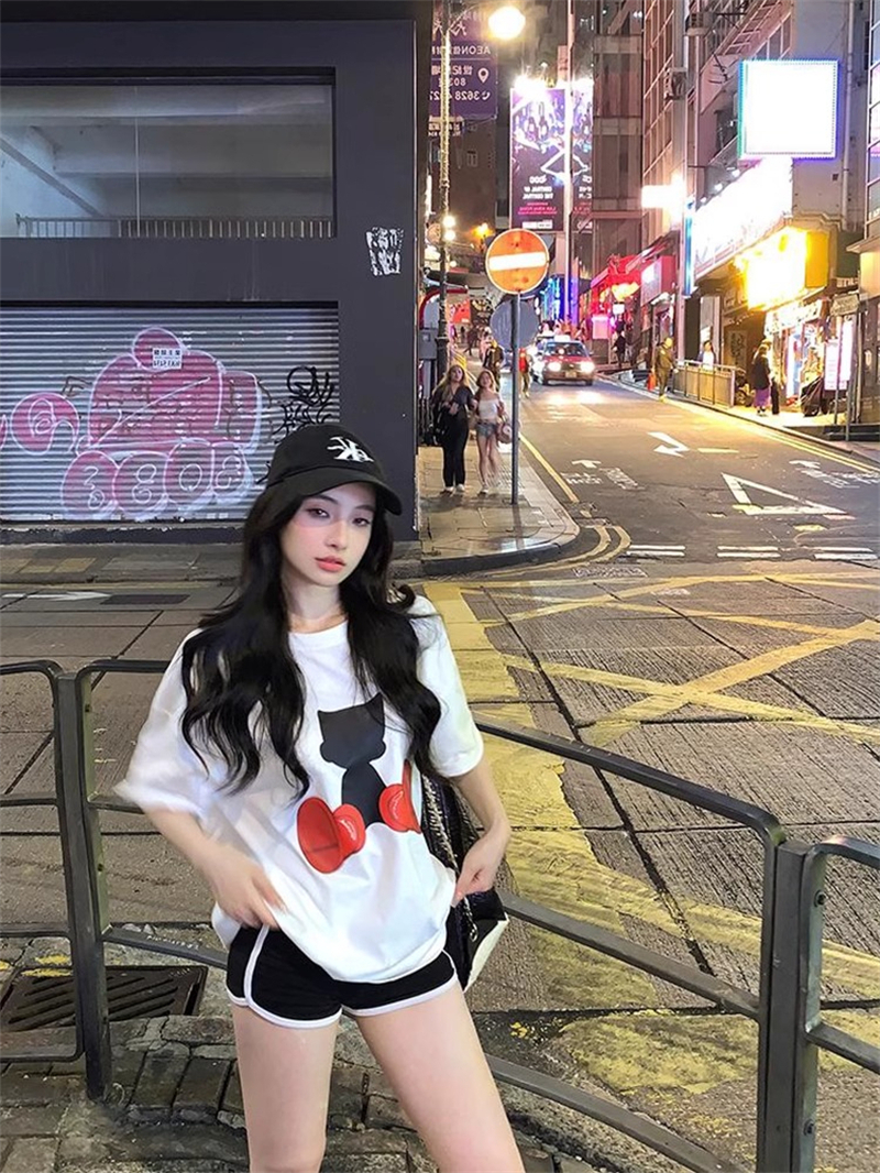 純棉 天貓質量 美式復古小眾卡通印花寬鬆百搭T恤