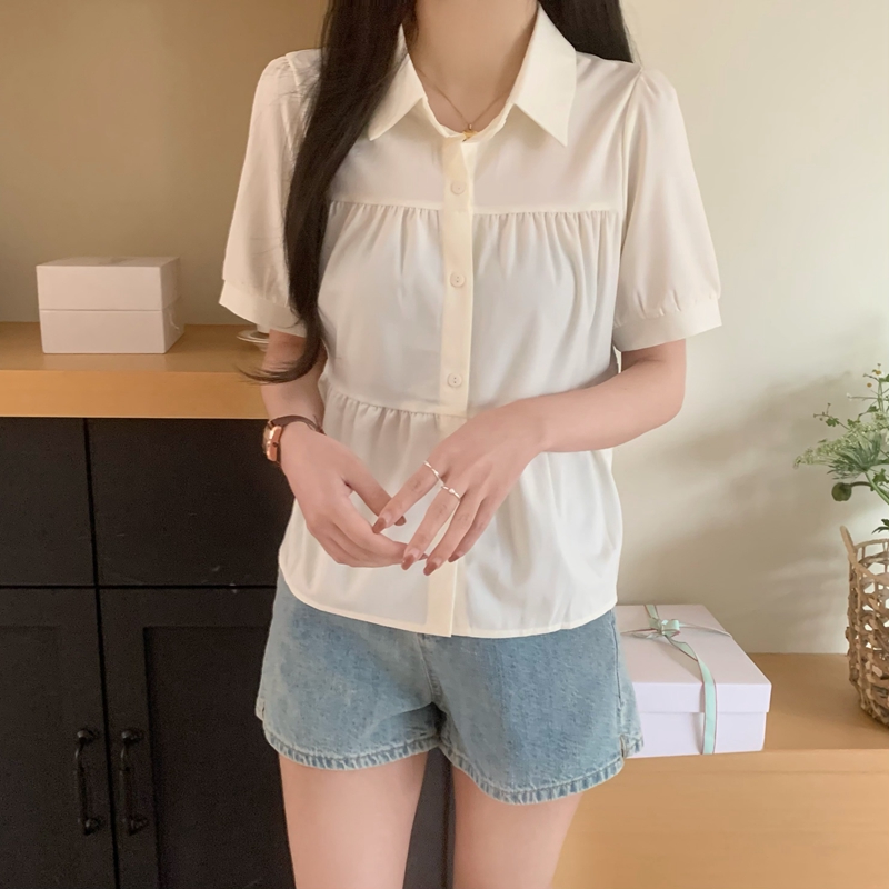 實拍 杏色短袖娃娃衫女夏2024新款寬鬆泡泡袖遮肚子收腰襯衫上衣