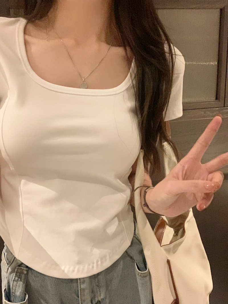 實拍  40支純棉 2024夏裝方領設計感小眾短袖T恤女