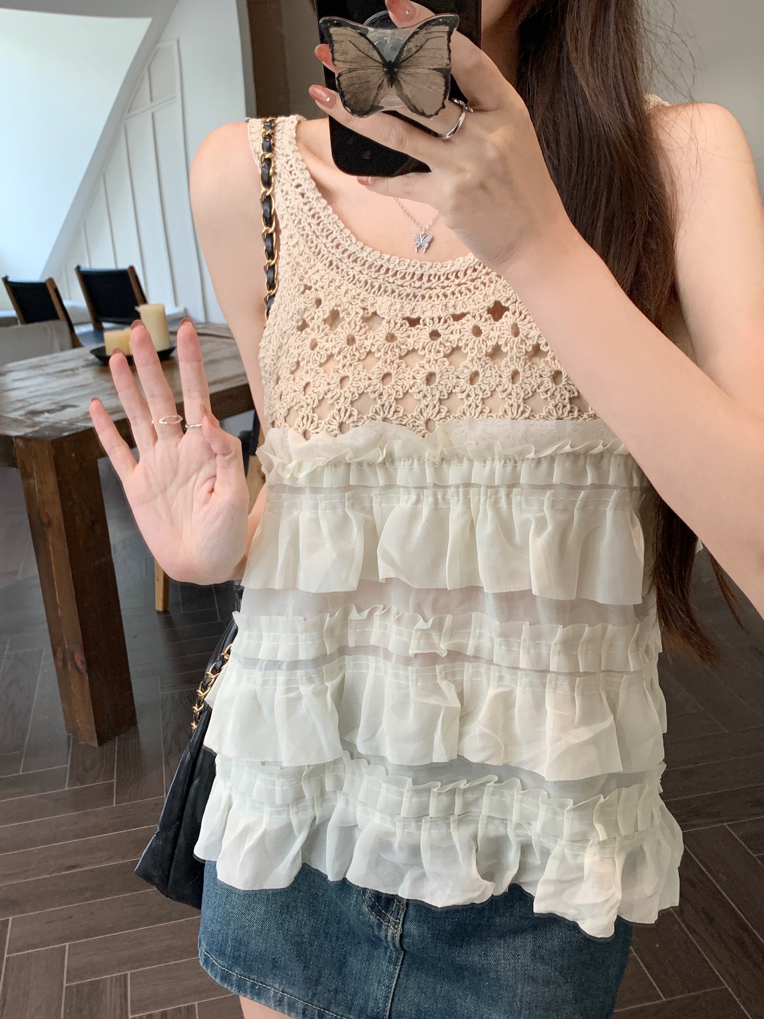 實拍~法式甜美蕾絲蛋糕型吊帶背心夏季外穿甜美無袖上衣