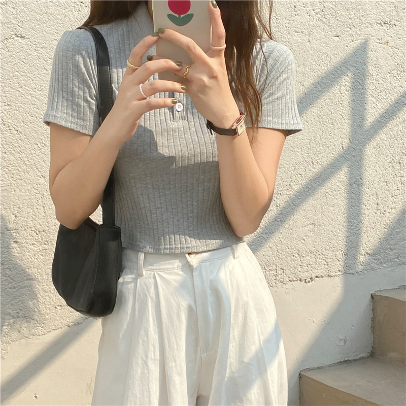 實拍網紅短款上衣夏季修身純色短袖T恤女