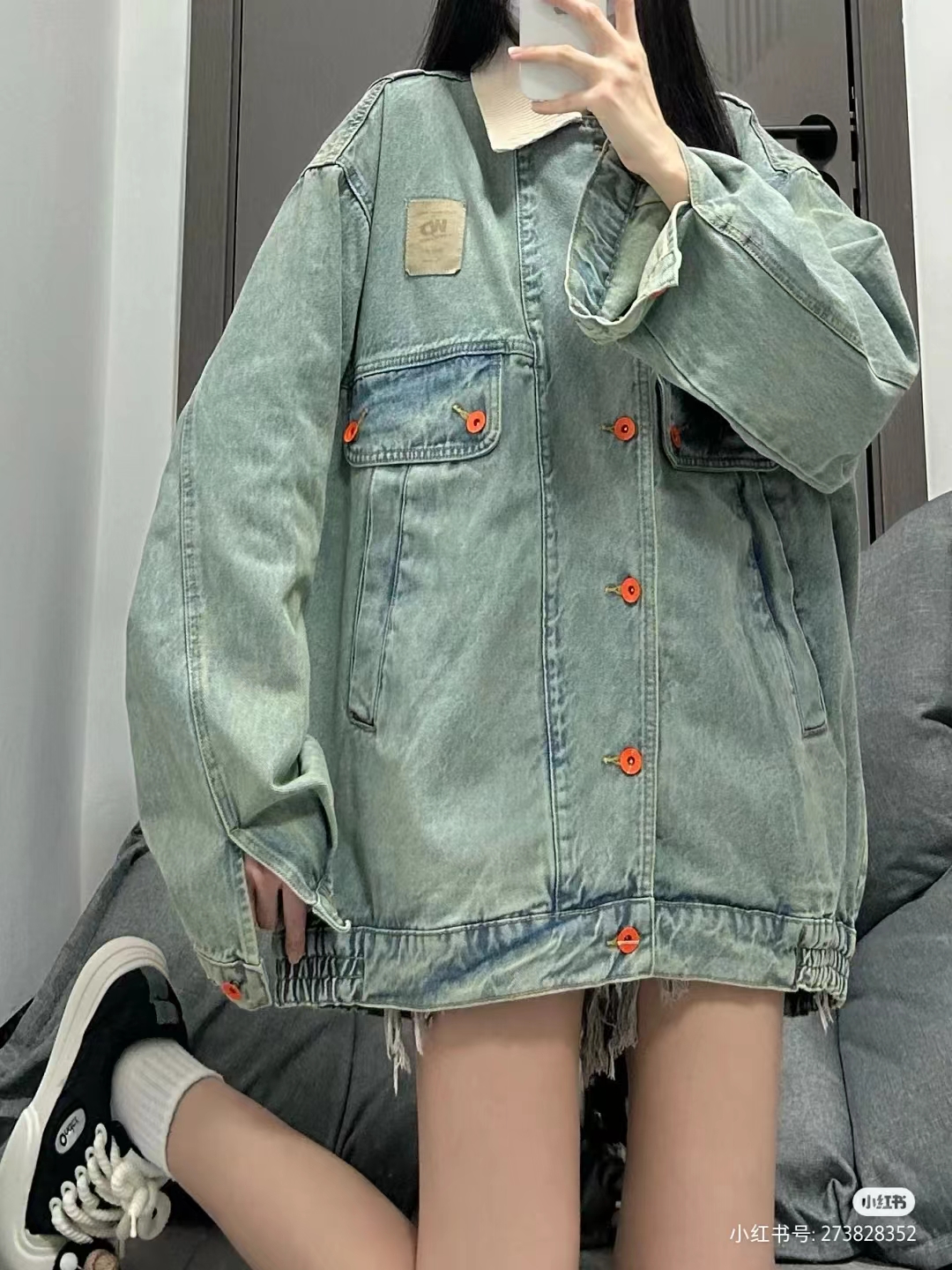 港風復古淺色水洗做舊拼接牛仔外套女春季情侶燈芯絨寬鬆夾克上衣