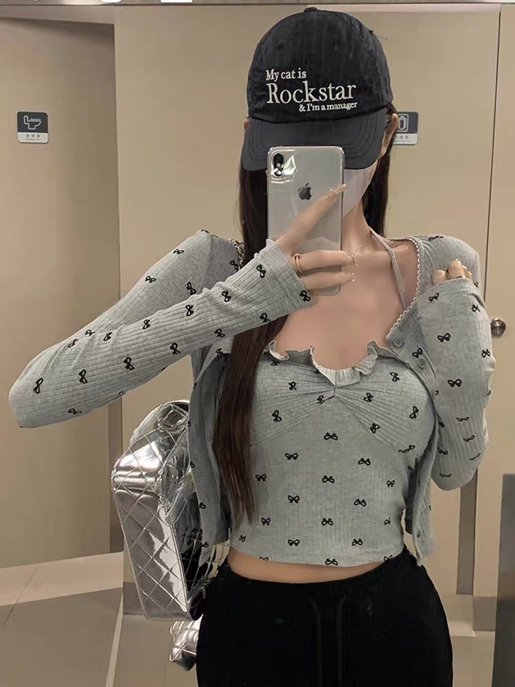 辣妹蝴蝶結花邊掛脖吊帶背心女春季2024新款外搭長袖開衫兩件套裝