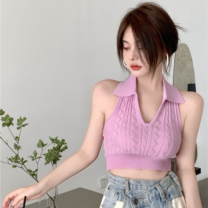 純欲polo領掛脖露背針織背心夏季外穿法式內搭短款辣妹吊帶上衣女