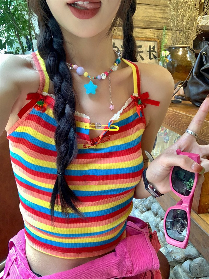 原版面料多巴胺穿搭辣妹撞色吊帶背心女外穿性感無袖上衣設計夏