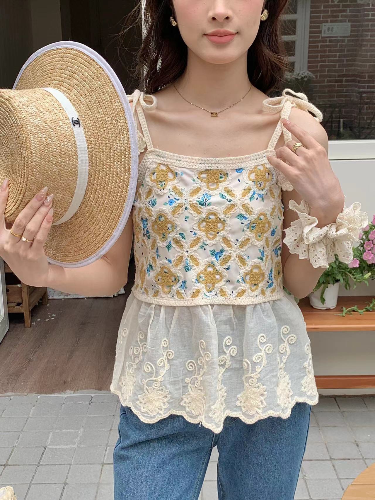 實拍 2024夏季新款度假風刺繡花朵綁帶吊帶女無袖內打底外穿
