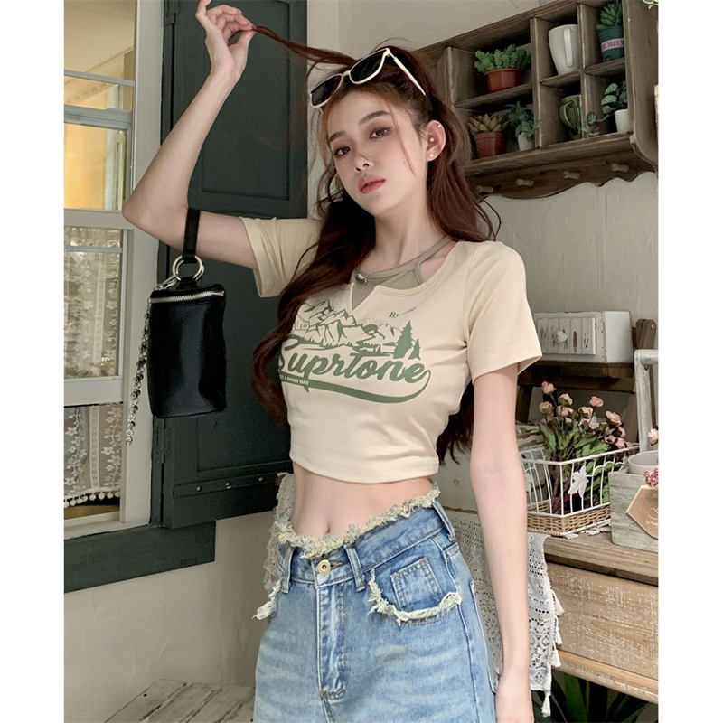 6535棉復古假兩件掛脖正肩短袖t恤女夏季辣妹修身露臍短款上衣