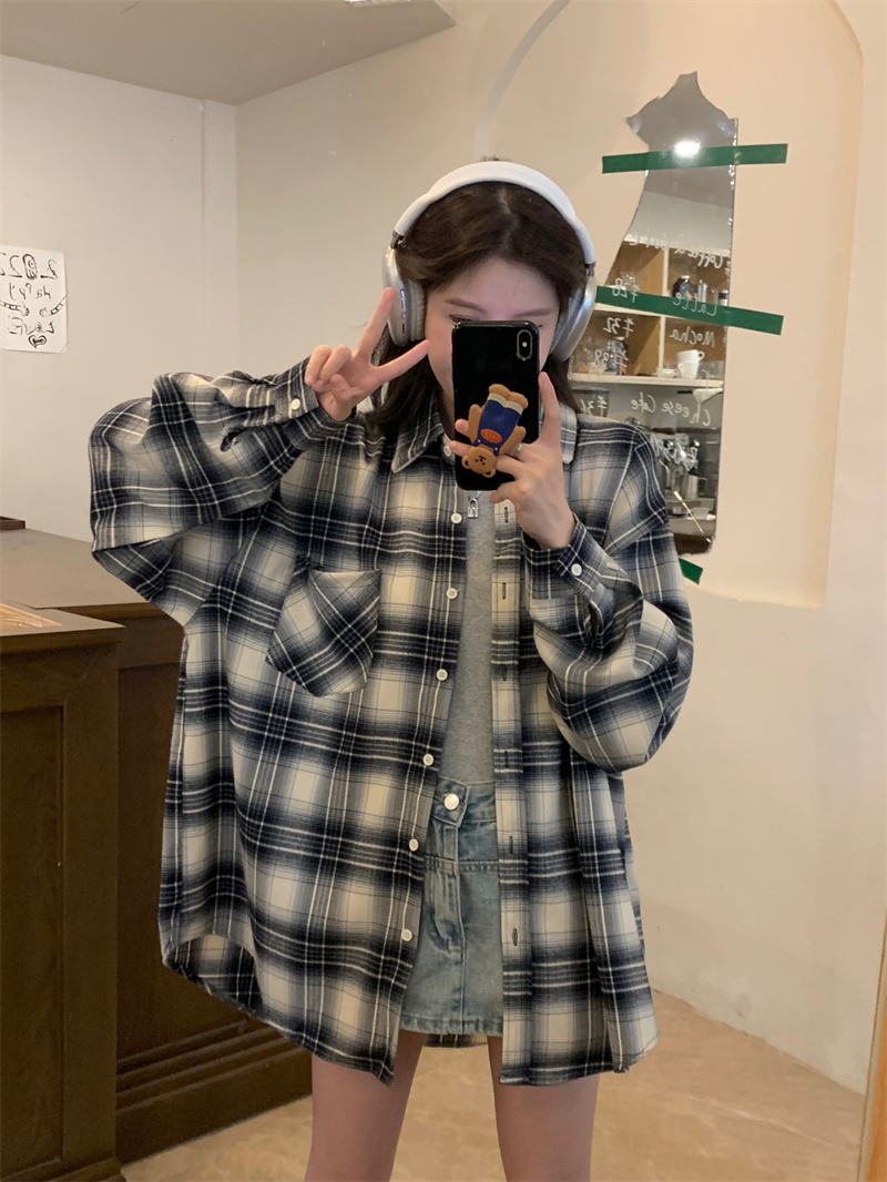 港風復古格子襯衫女款秋裝小個子襯衣外套休閒開衫上衣外搭