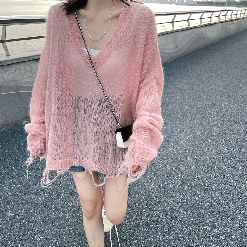 Thin hollow sweater 2024 early spring new style mid-length outer wear design niche mohair sweater top