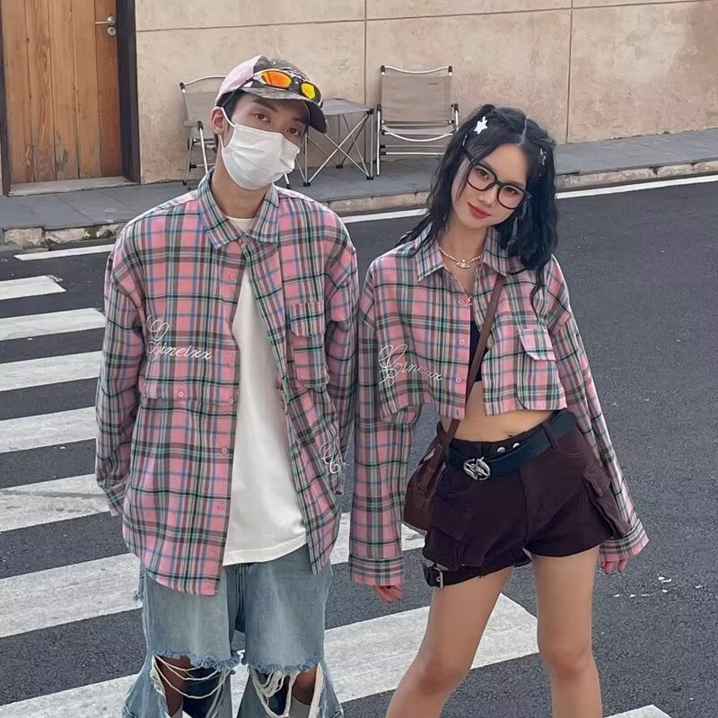 原版高質量情侶裝！可拆卸兩穿上衣絕了！美式辣妹格子襯衫