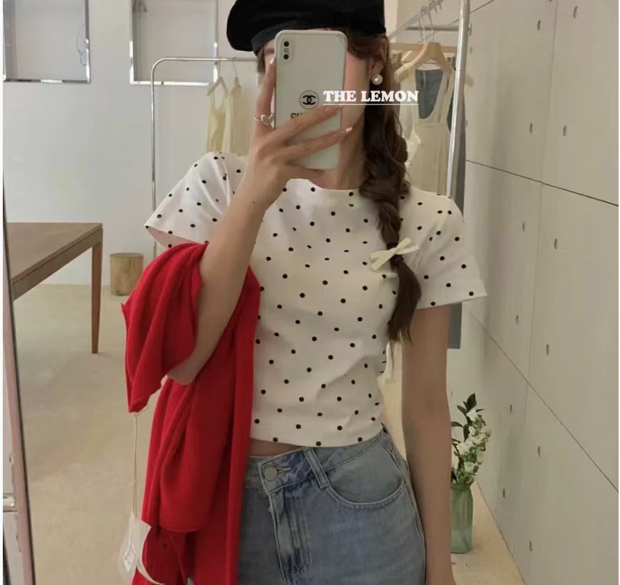 THE LEMON檸檬綠茶復古波點正肩顯瘦短袖T恤女夏季減齡短款上衣
