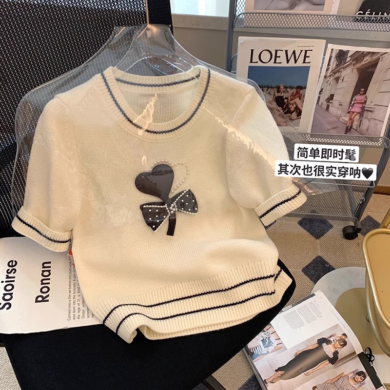 大牌外貿女裝撤回夏季重工釘珠套頭短袖t恤女純欲冰絲針織衫