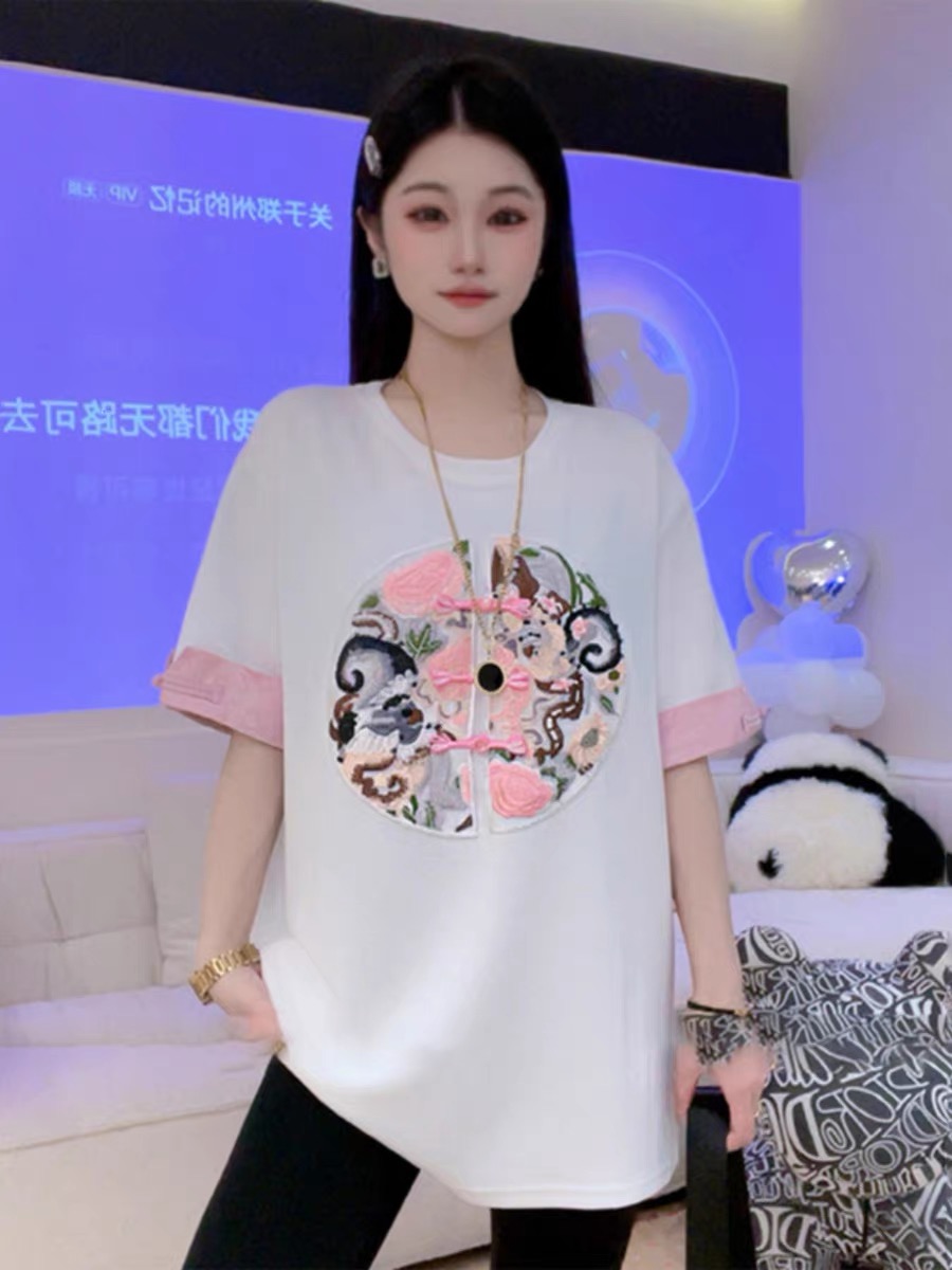 2024春夏季款新寬鬆中式中國風刺繡拼接短袖寬鬆T時尚百搭