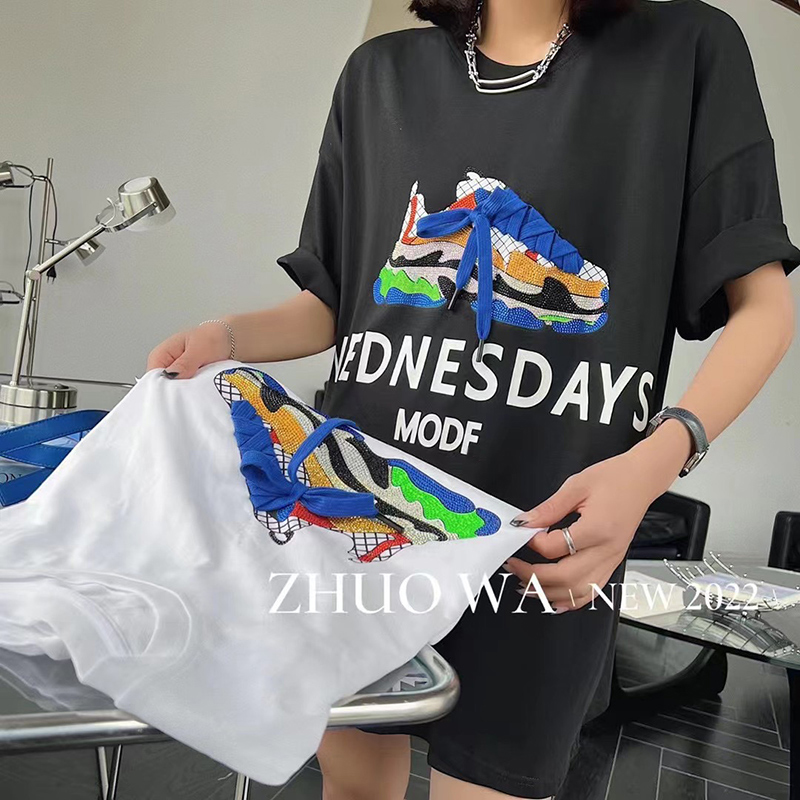 官圖質量純棉短袖t恤女夏2024立體裝飾圓領新款上衣大碼女裝