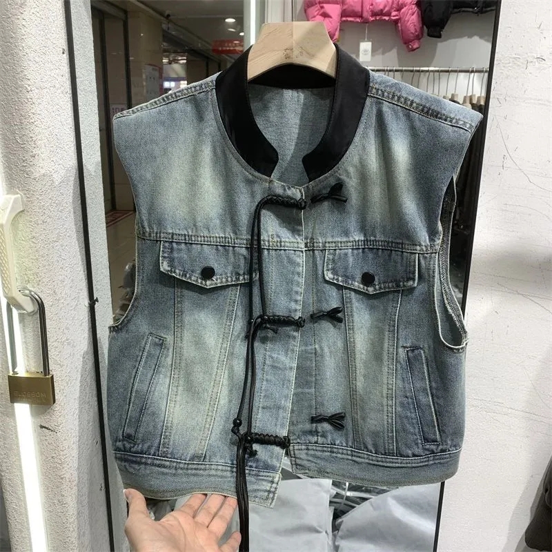 夏季小眾設計無袖中國結牛仔馬甲坎肩背心外套