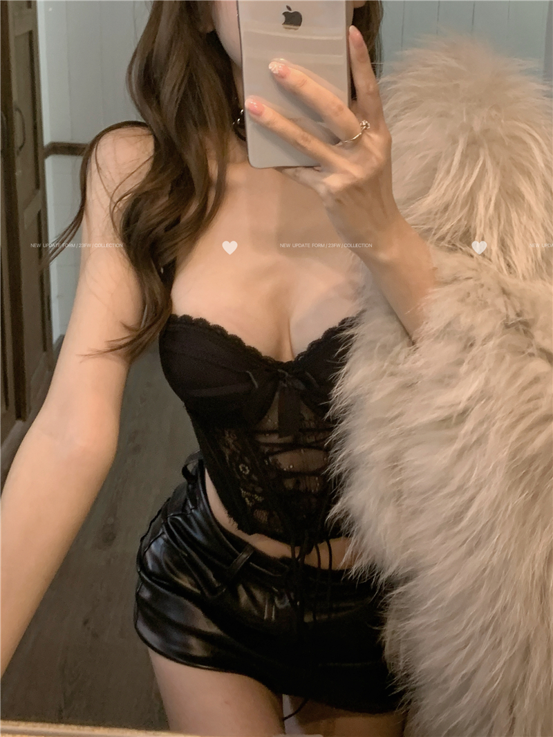 性感辣妹蕾絲吊帶小背心帶胸墊女內搭外穿打底上衣魚骨胸衣外穿