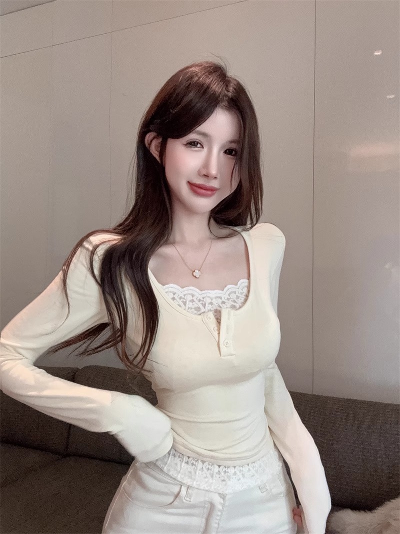 坑條1X1~純欲辣妹顯身材上衣女秋冬假兩件長袖t恤蕾絲打底衫內搭