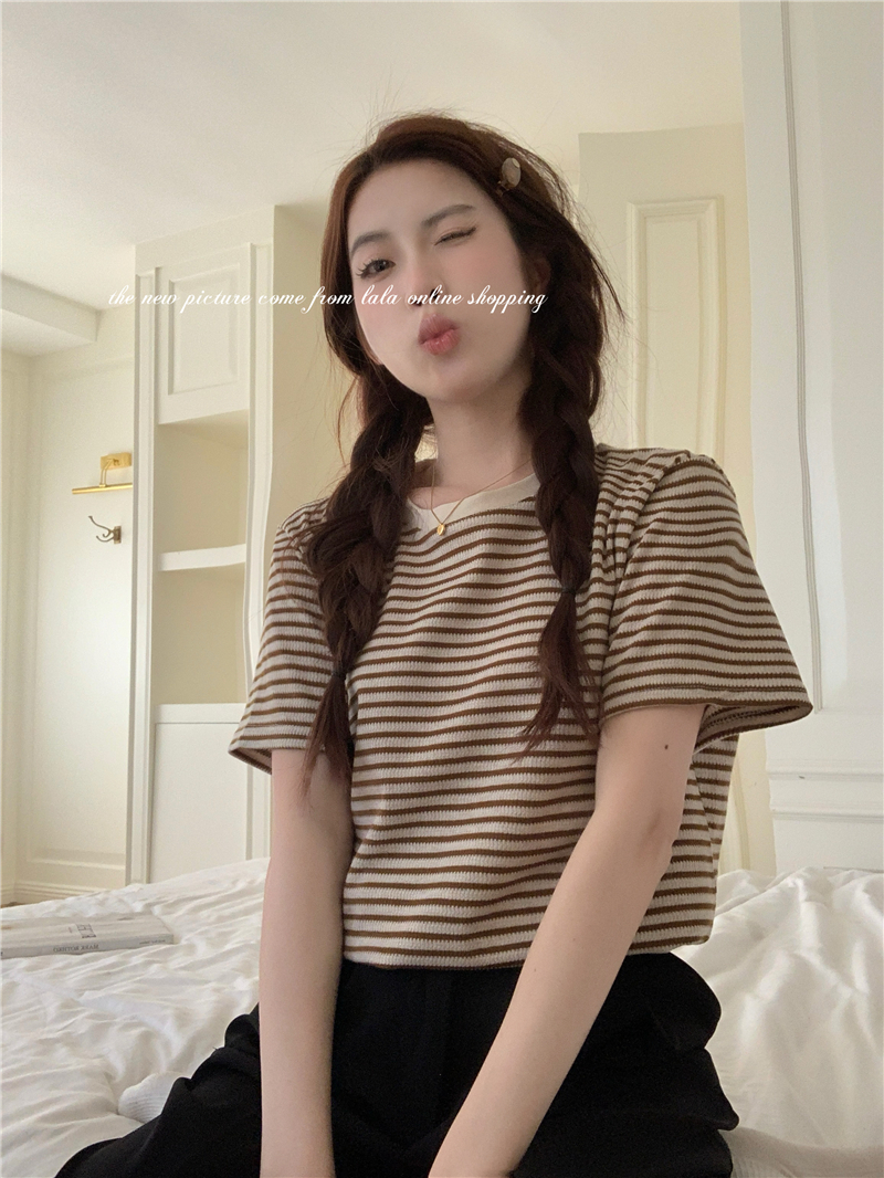 實拍 新款 韓系洋氣短袖小眾高級撞色細條紋華夫格T恤